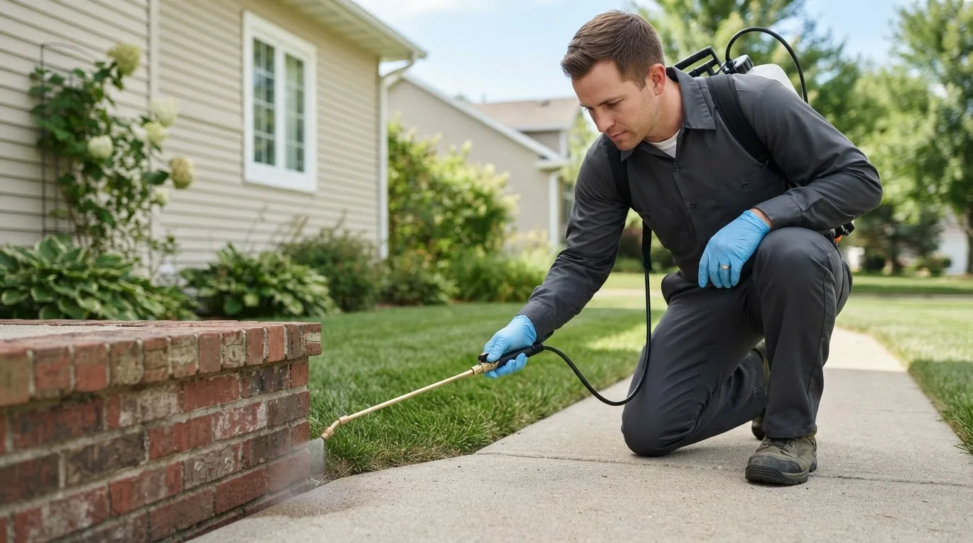 Pest control technician treating a home near Geneva, IN