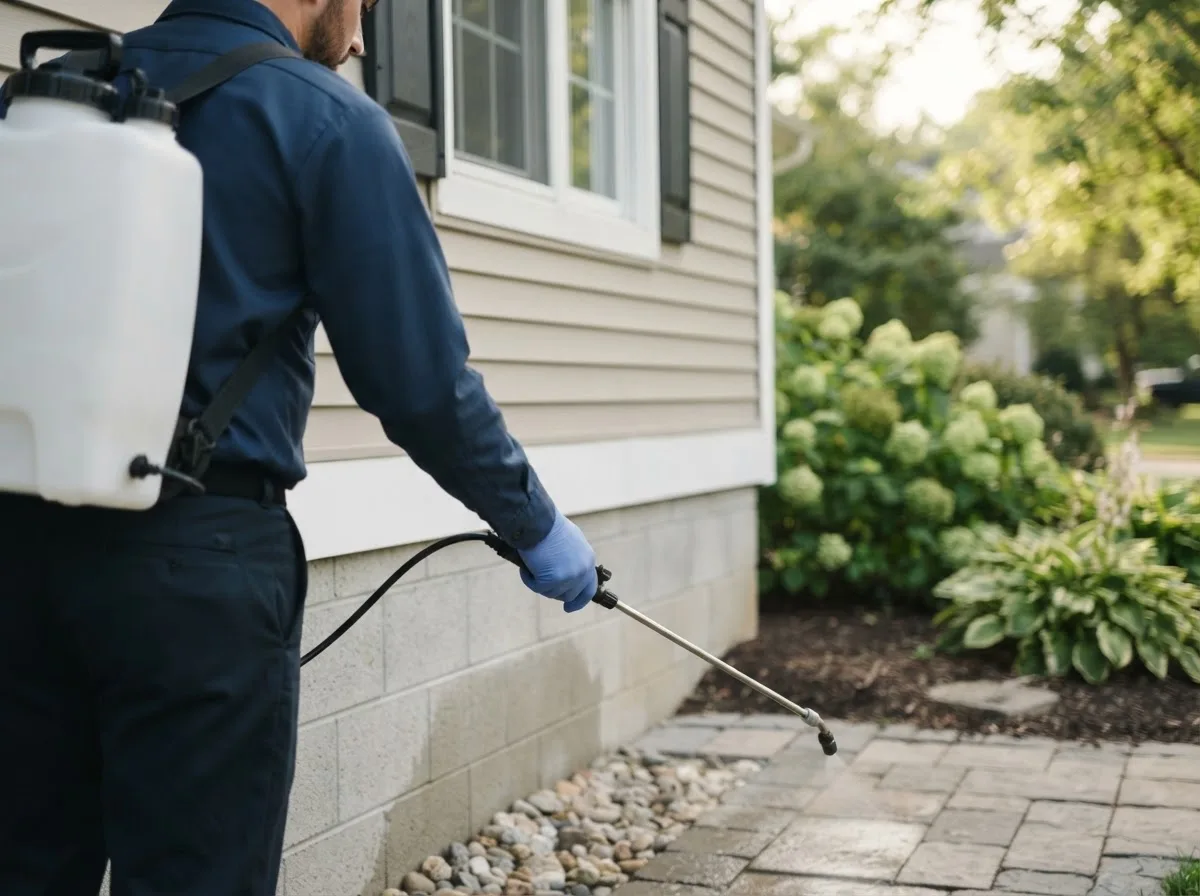 Pest control technician inspecting a home in Geneva, IN